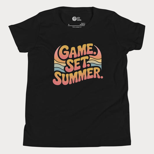 Game Set Summer tennis t-shirt with retro sunset design for players and fans.