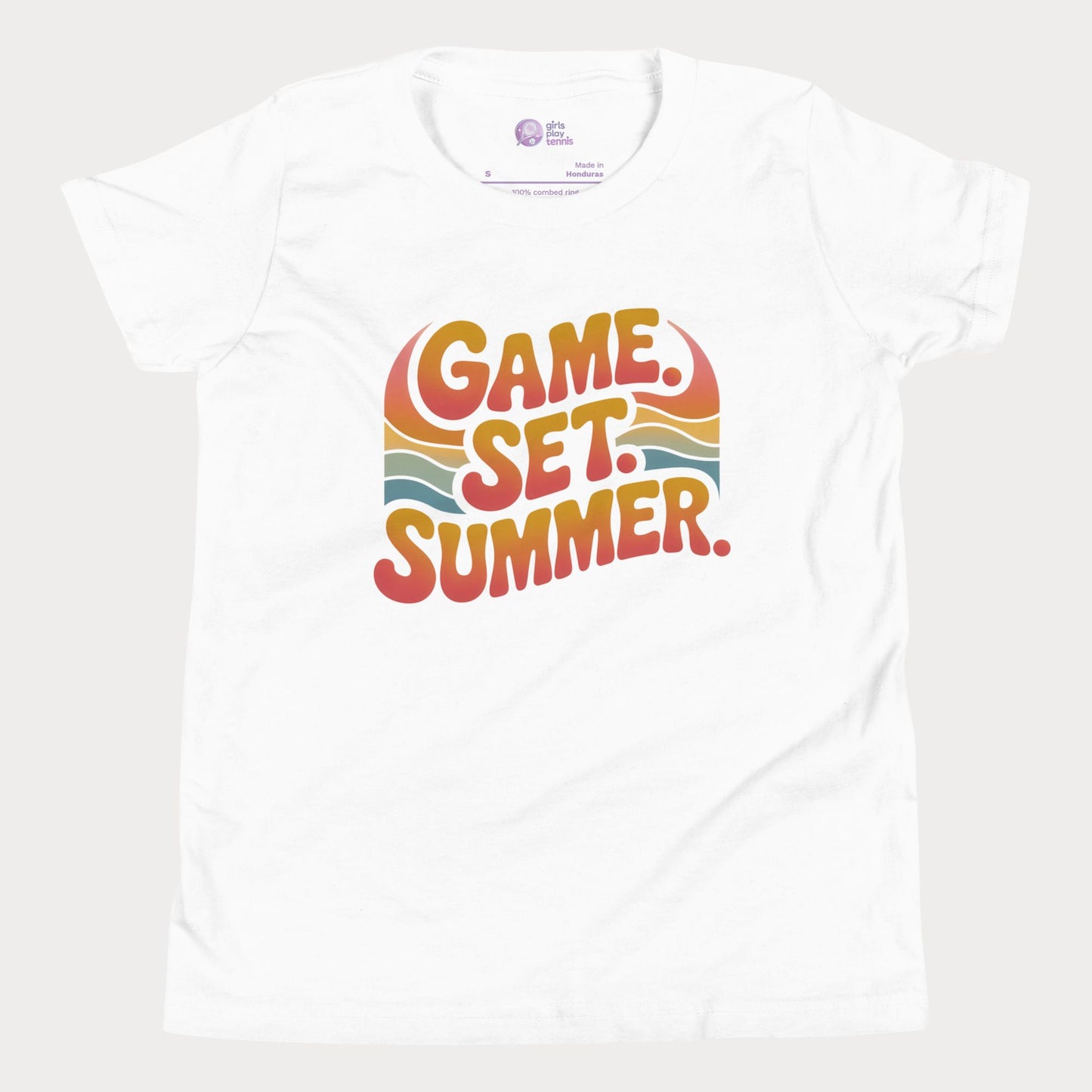 Game Set Summer tennis t-shirt with retro sunset design for players and fans.