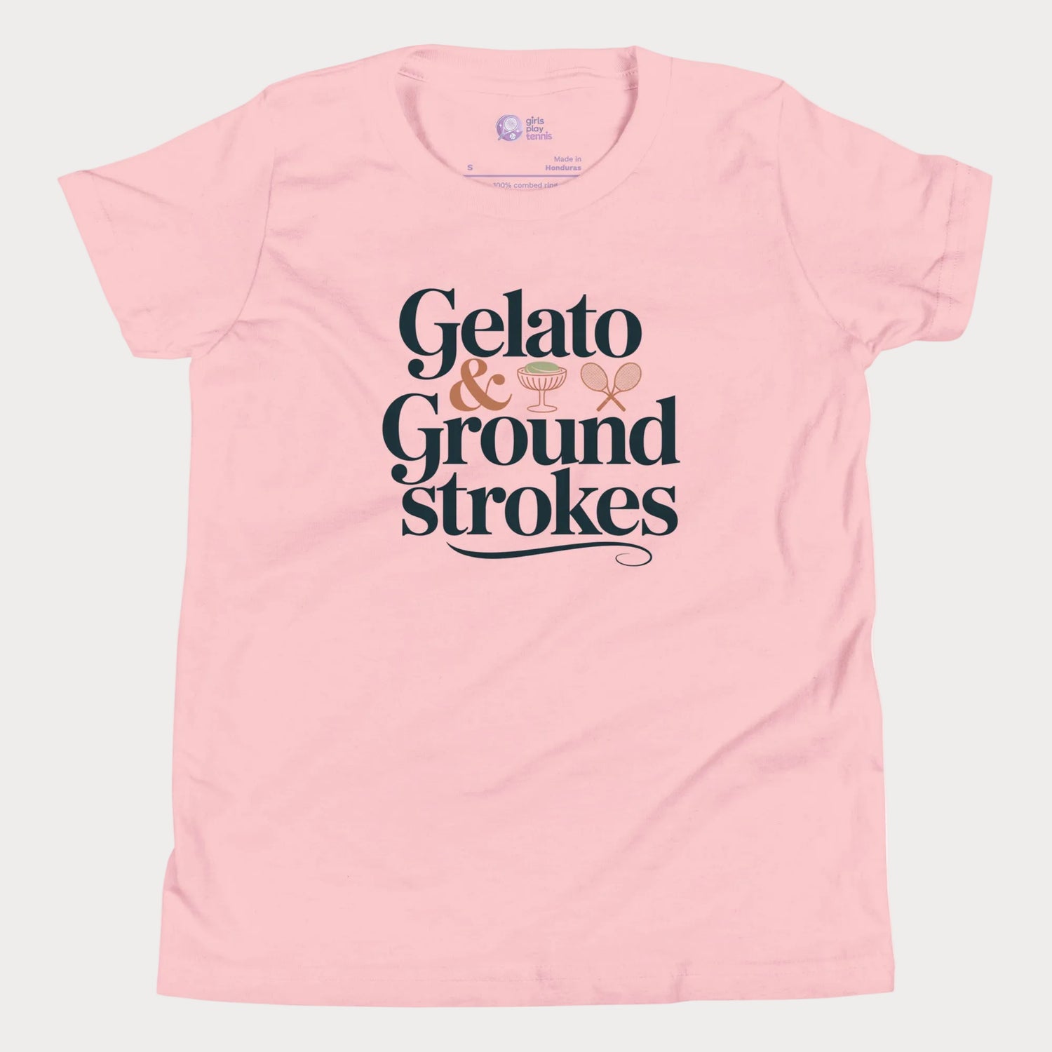 Gelato and Groundstrokes girls and women’s tennis tee in pink with typography graphic premium cotton shirt