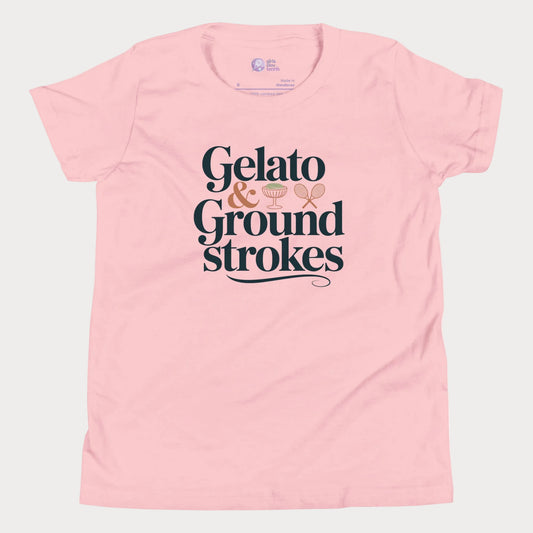 Gelato and Groundstrokes girls and women’s tennis tee in pink with typography graphic premium cotton shirt