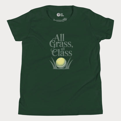Green girls’ tennis T-shirt with green text “All Grass, All Class” and tennis ball in grass graphic.