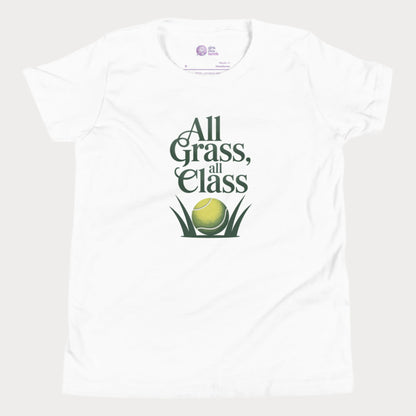 White girls’ tennis T-shirt with green text “All Grass, All Class” and tennis ball in grass graphic.