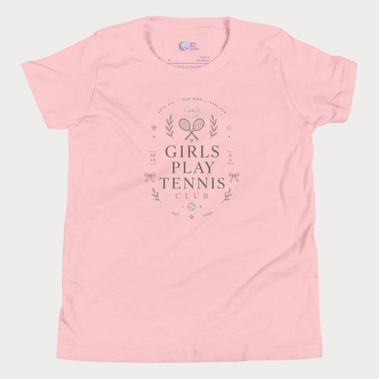 Soft pink girls tennis tee featuring minimalist tennis club graphics with bows and vintage-inspired details