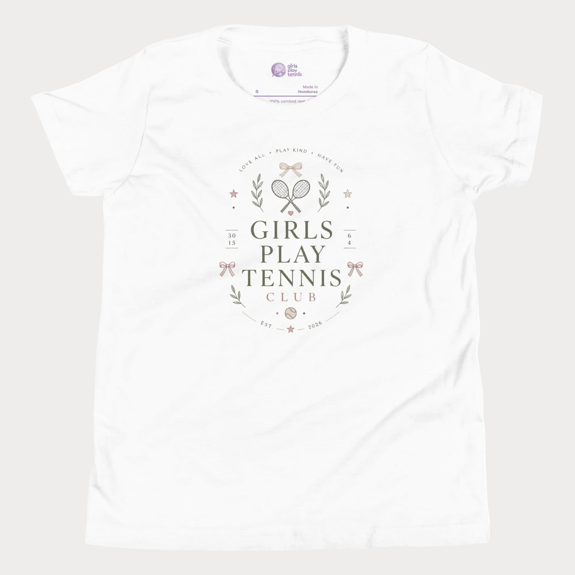 White girls tennis tee featuring minimalist tennis club graphics with bows and vintage-inspired details