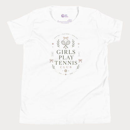 White girls tennis tee featuring minimalist tennis club graphics with bows and vintage-inspired details