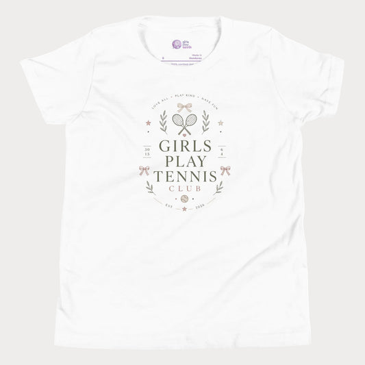 White girls tennis tee featuring minimalist tennis club graphics with bows and vintage-inspired details