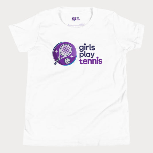 White "Girls Play Tennis" t-shirt, ideal for youth tennis apparel and active kids' fashion.
