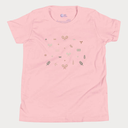 Soft pink girls tennis tee featuring minimalist tennis icons, bows, racquets, and lifestyle-inspired details