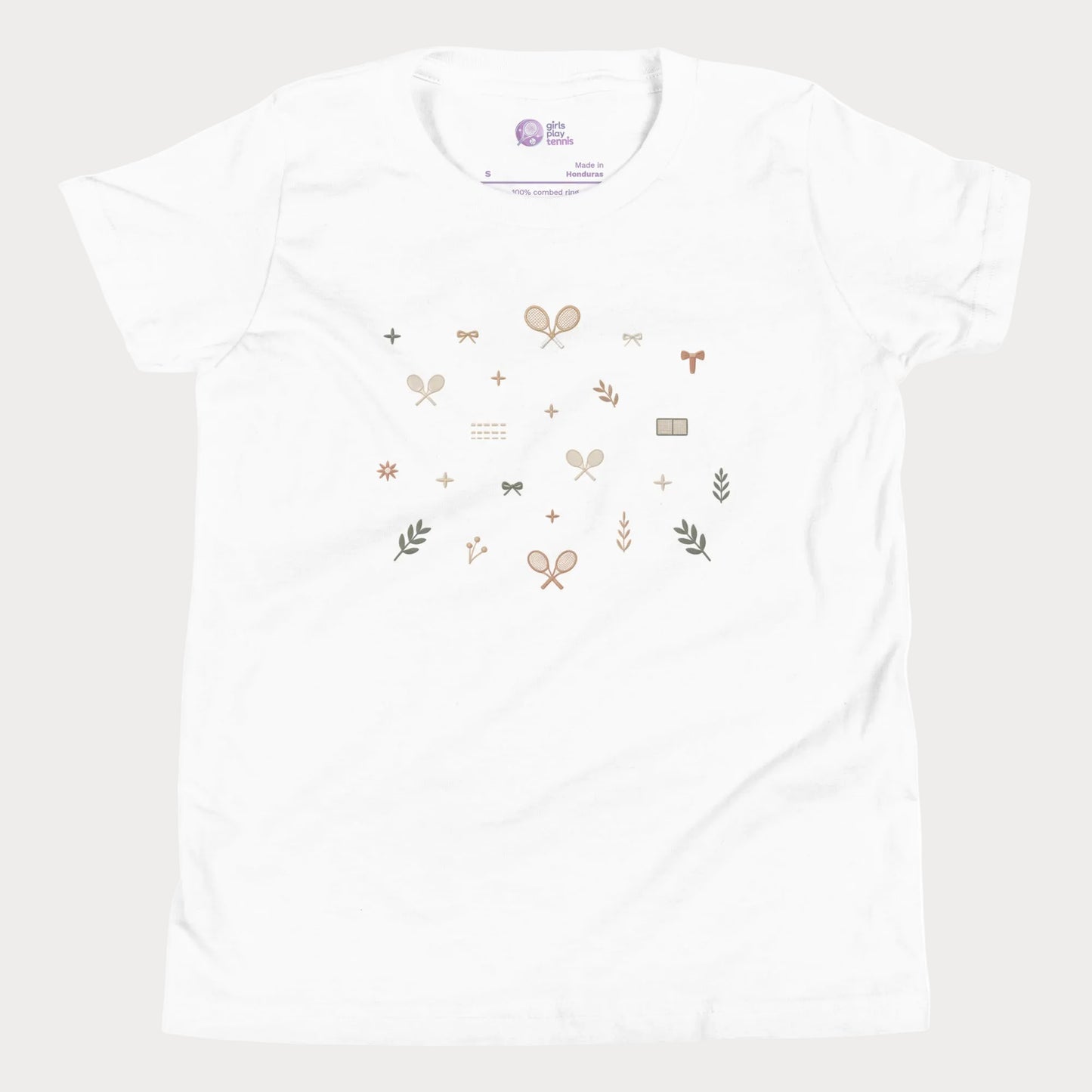White girls tennis tee featuring minimalist tennis icons, bows, racquets, and lifestyle-inspired details