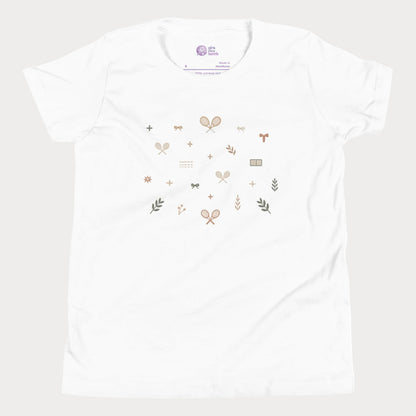 White girls tennis tee featuring minimalist tennis icons, bows, racquets, and lifestyle-inspired details