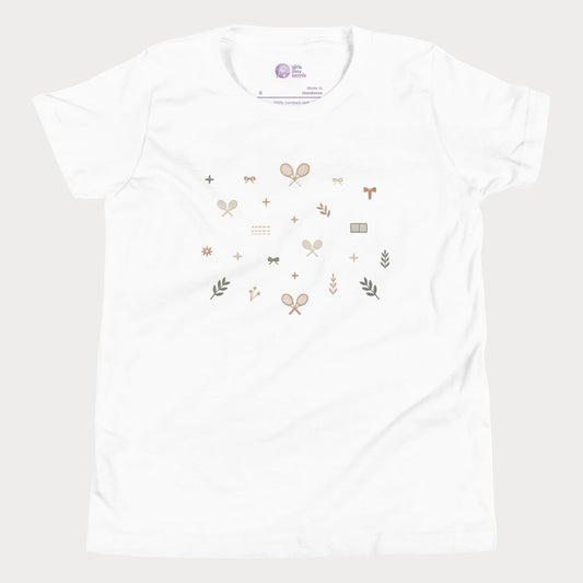 White girls tennis tee featuring minimalist tennis icons, bows, racquets, and lifestyle-inspired details