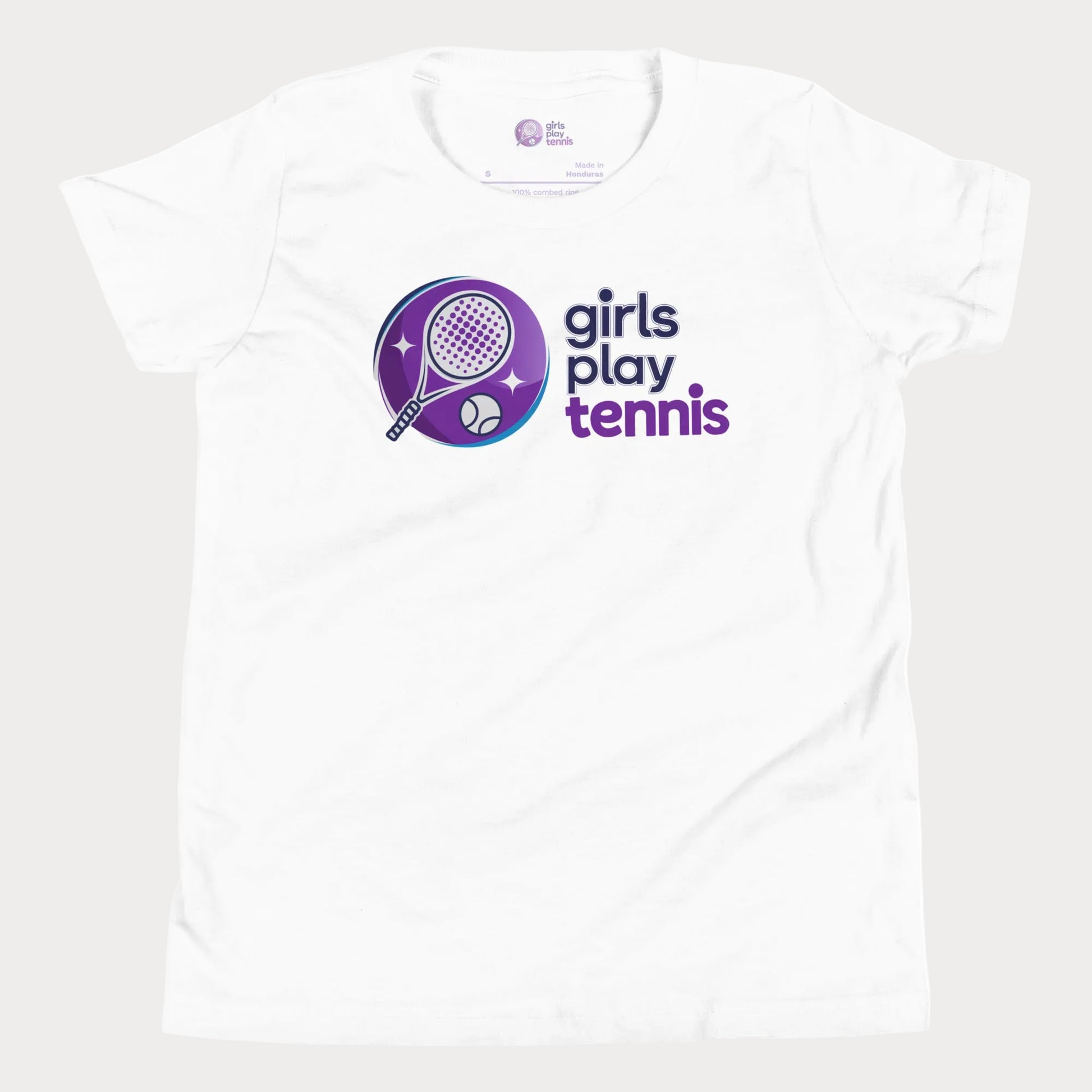 Girls Play Tennis signature t-shirt in white with purple tennis logo and text design