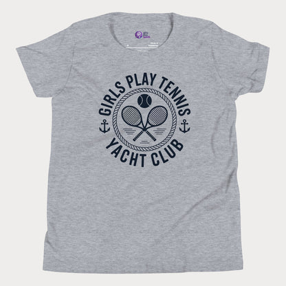 Girls Play Tennis Yacht Club tennis t-shirt in athletic grey with nautical rope, crossed rackets, and tennis ball design