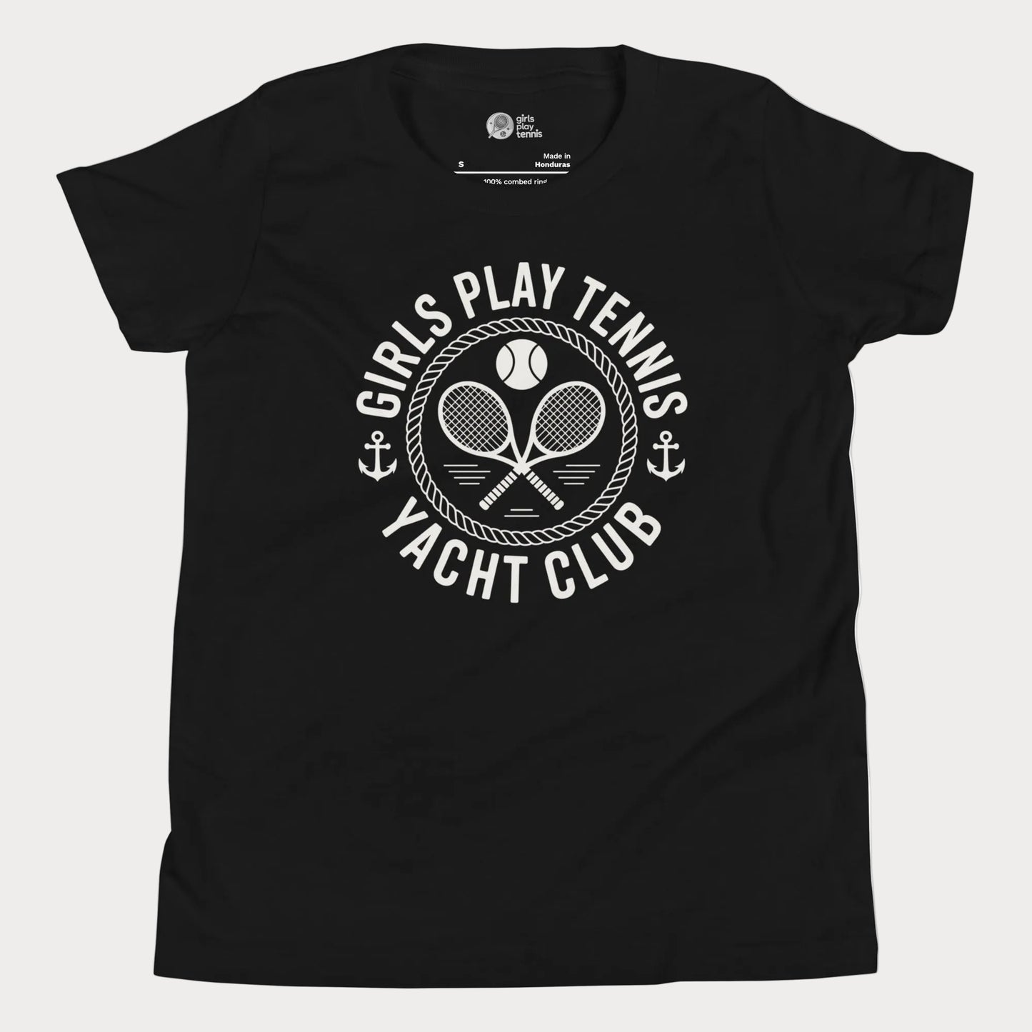 Girls Play Tennis Yacht Club tennis t-shirt in black with nautical rope, crossed rackets, and tennis ball design