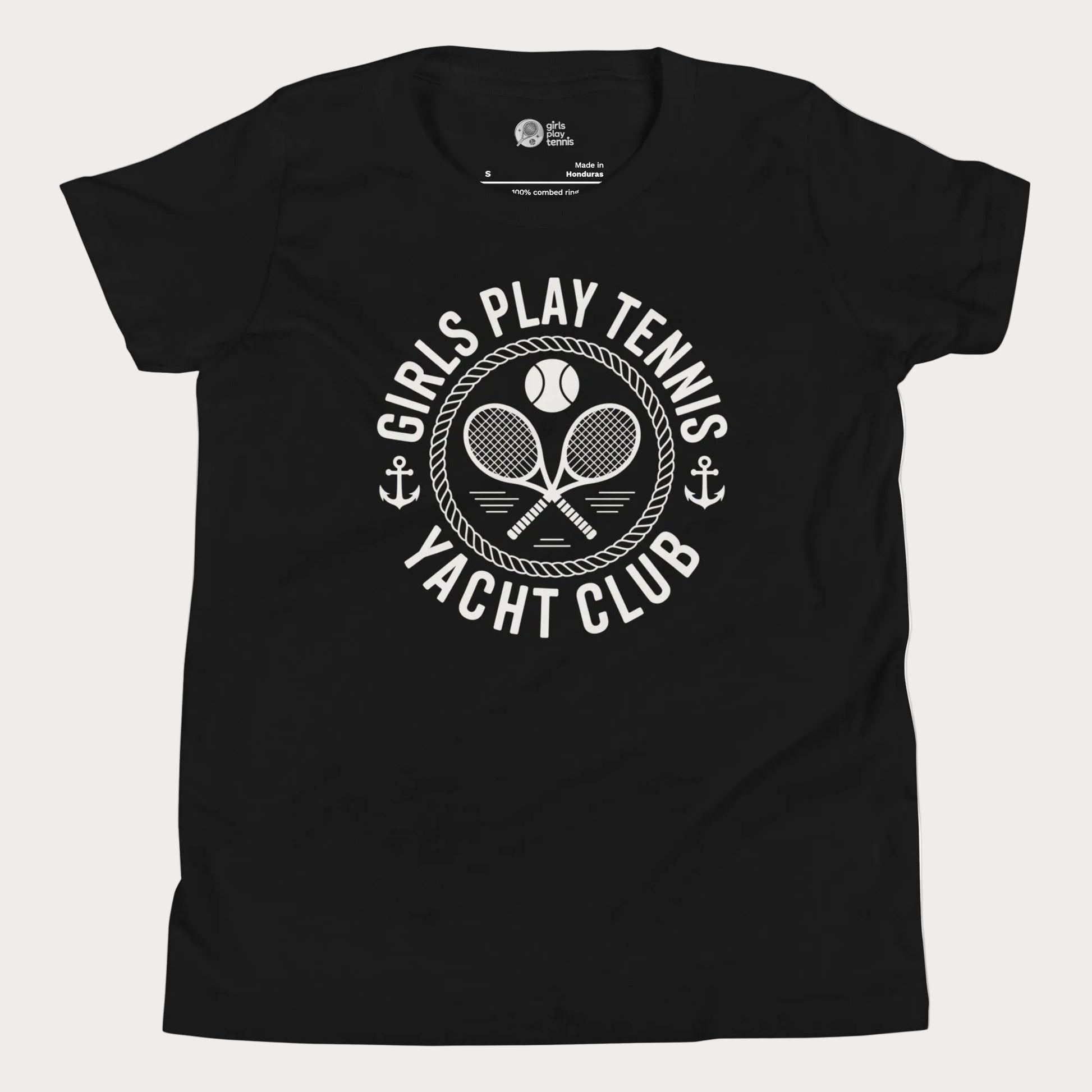 Girls Play Tennis Yacht Club tennis t-shirt in black with nautical rope, crossed rackets, and tennis ball design