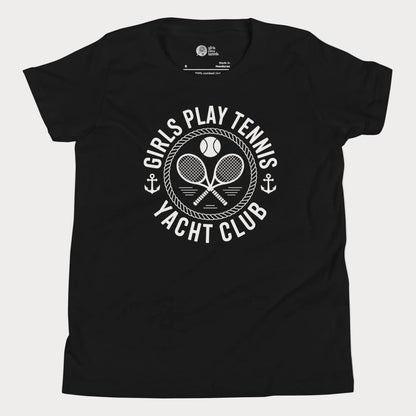 Girls Play Tennis Yacht Club tennis t-shirt in black with nautical rope, crossed rackets, and tennis ball design