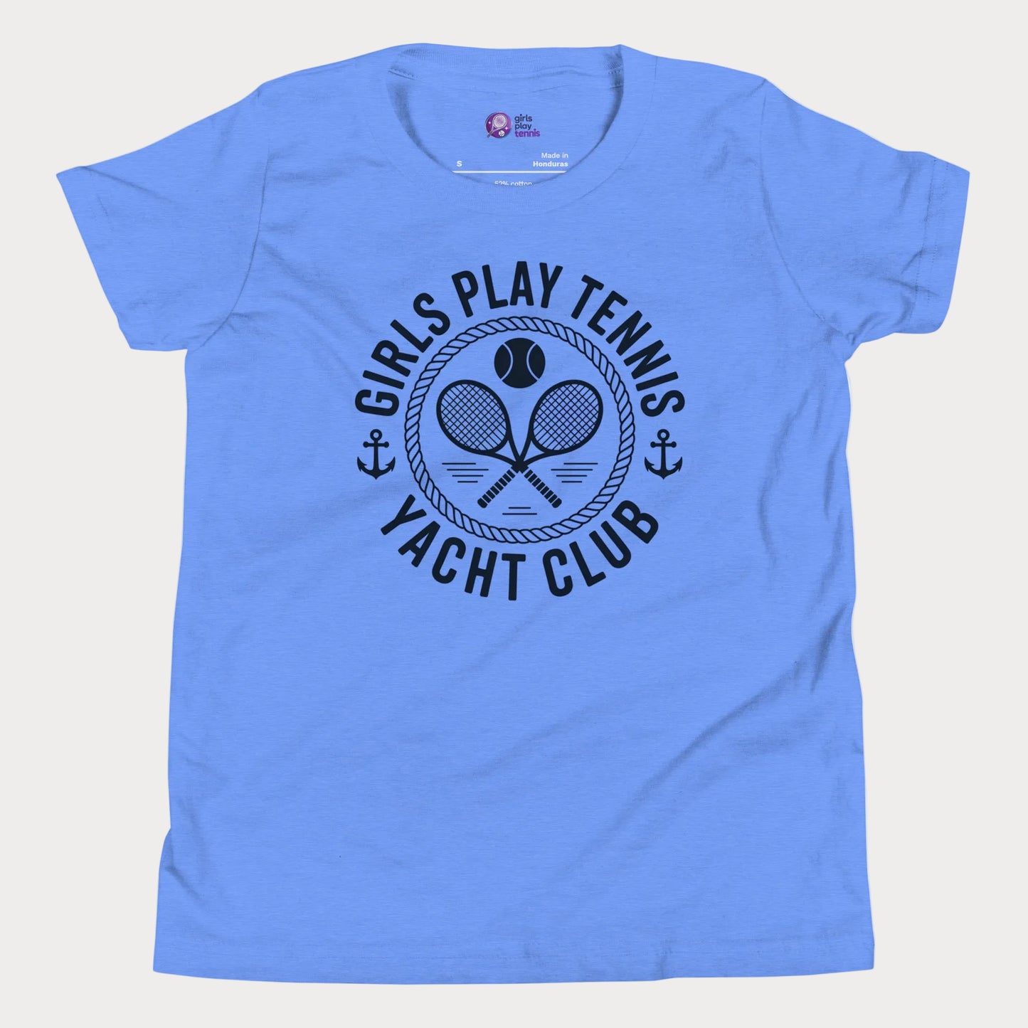 Girls Play Tennis Yacht Club tennis t-shirt in blue with nautical rope, crossed rackets, and tennis ball design