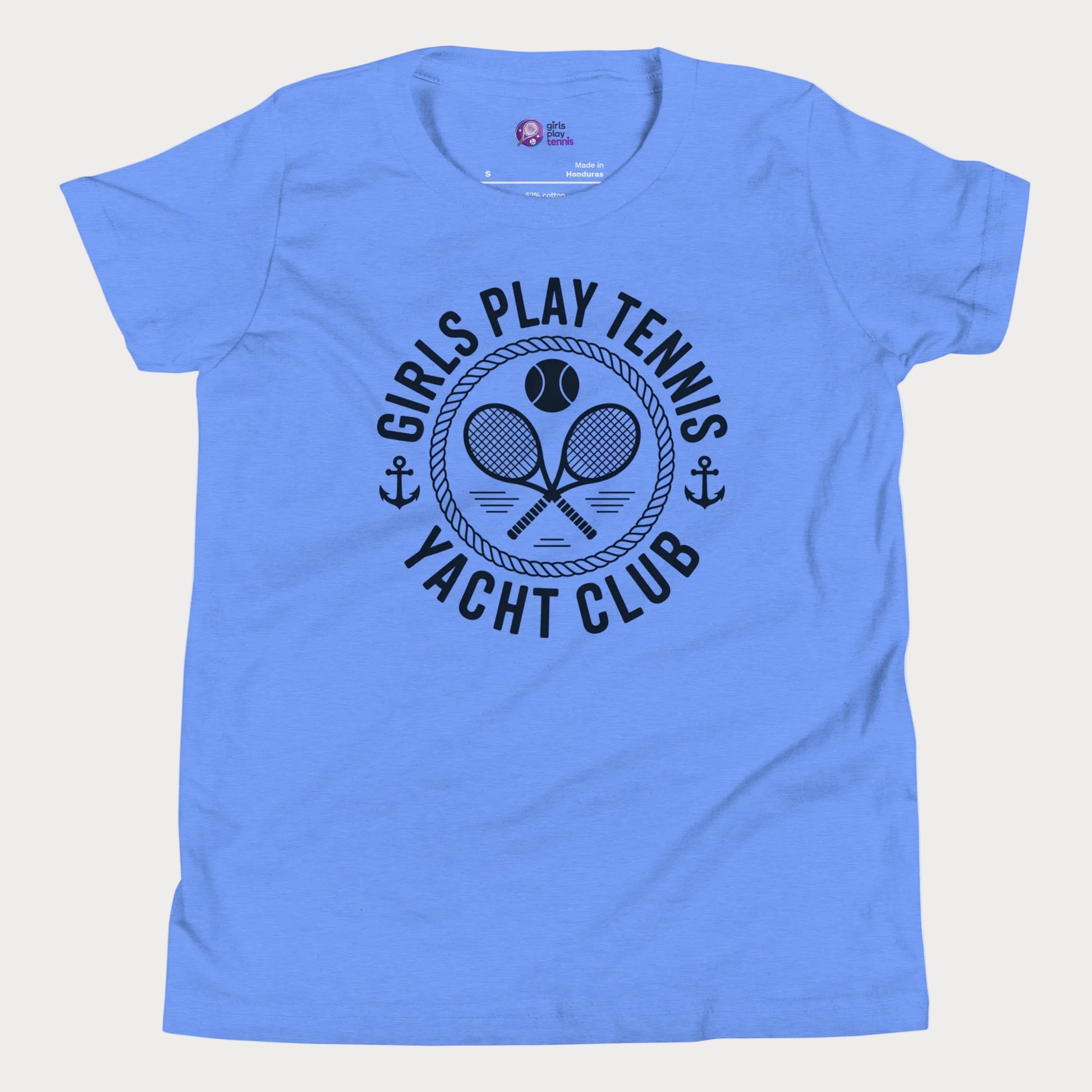 Girls Play Tennis Yacht Club tennis t-shirt in blue with nautical rope, crossed rackets, and tennis ball design