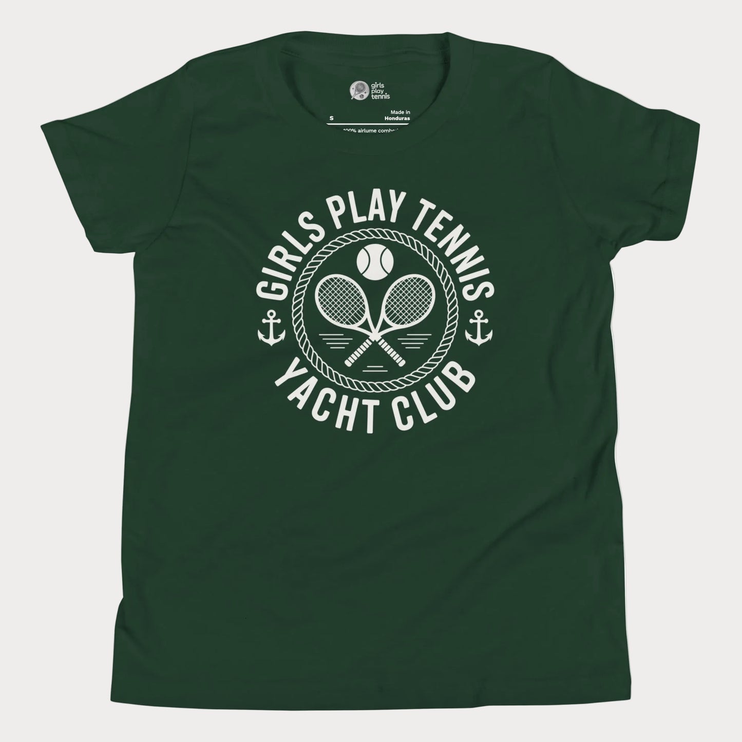 Girls Play Tennis Yacht Club tennis t-shirt in forest green with nautical rope, crossed rackets, and tennis ball design