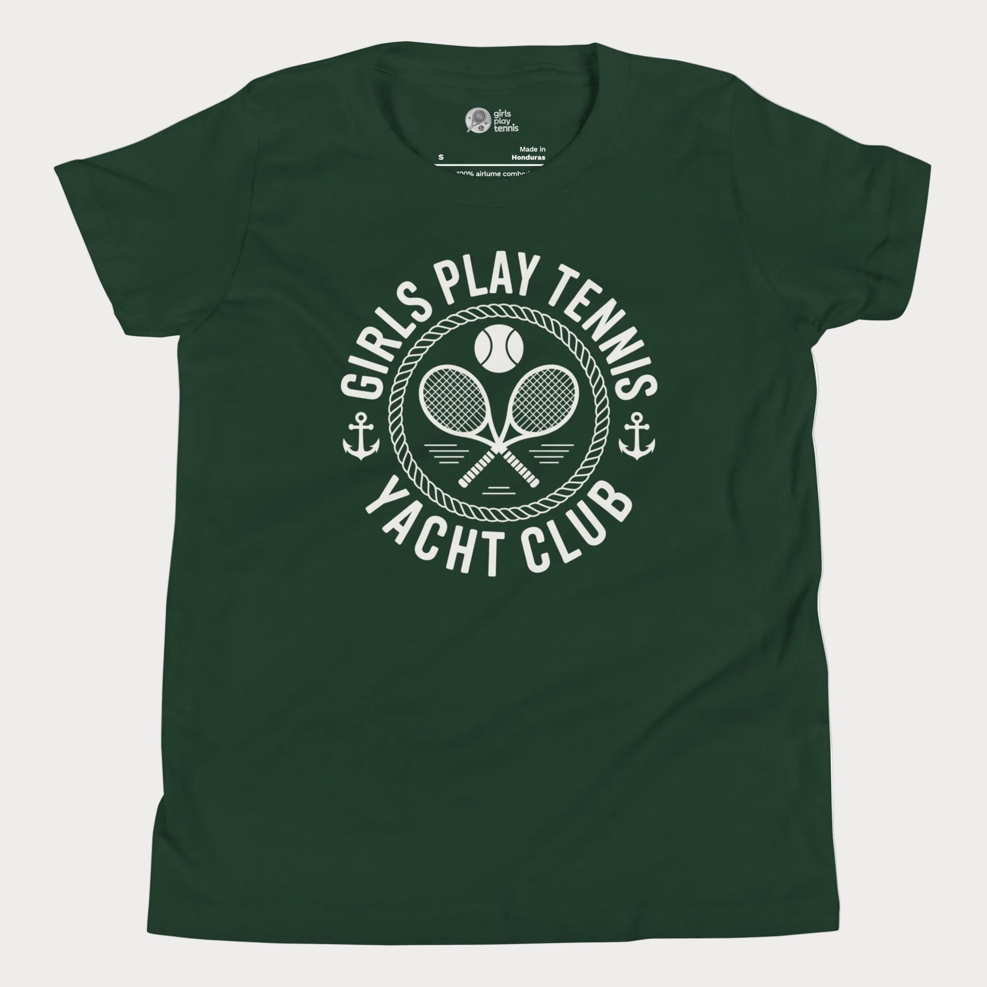 Girls Play Tennis Yacht Club tennis t-shirt in forest green with nautical rope, crossed rackets, and tennis ball design