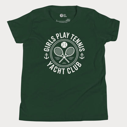 Girls Play Tennis Yacht Club tennis t-shirt in forest green with nautical rope, crossed rackets, and tennis ball design