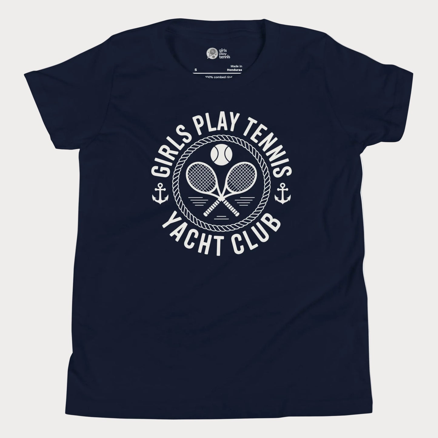 Girls Play Tennis Yacht Club tennis t-shirt in navy with nautical rope, crossed rackets, and tennis ball design