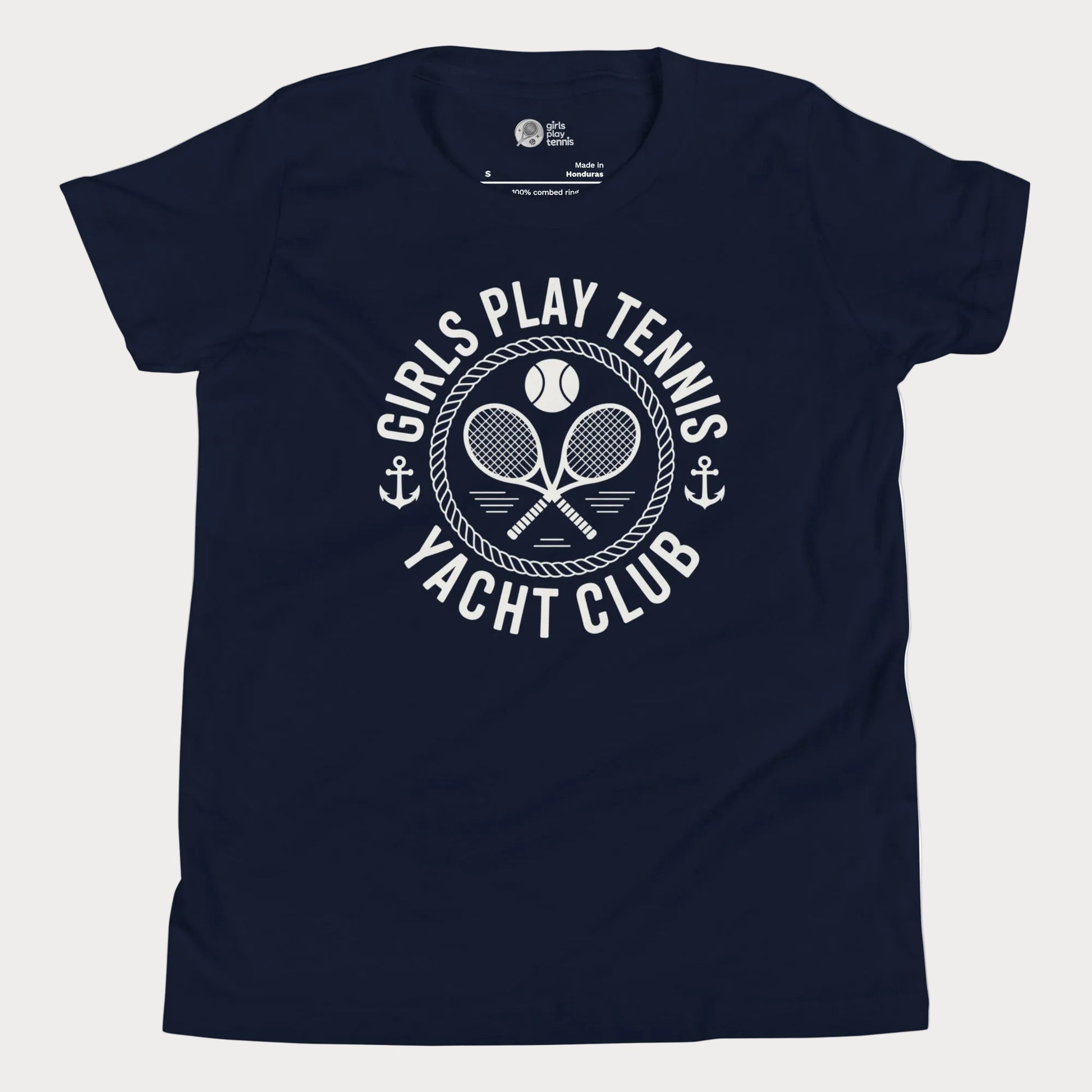 Girls Play Tennis Yacht Club tennis t-shirt in navy with nautical rope, crossed rackets, and tennis ball design