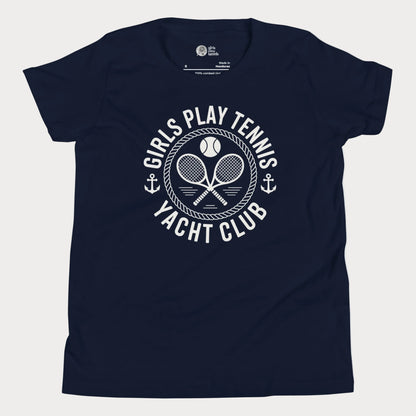 Girls Play Tennis Yacht Club tennis t-shirt in navy with nautical rope, crossed rackets, and tennis ball design