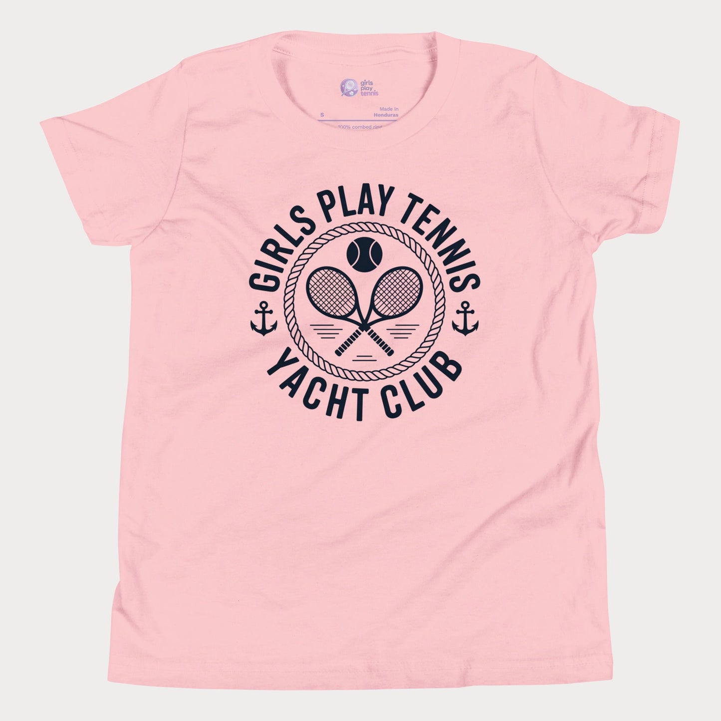 Girls Play Tennis Yacht Club tennis t-shirt in pink with nautical rope, crossed rackets, and tennis ball design