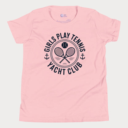 Girls Play Tennis Yacht Club tennis t-shirt in pink with nautical rope, crossed rackets, and tennis ball design