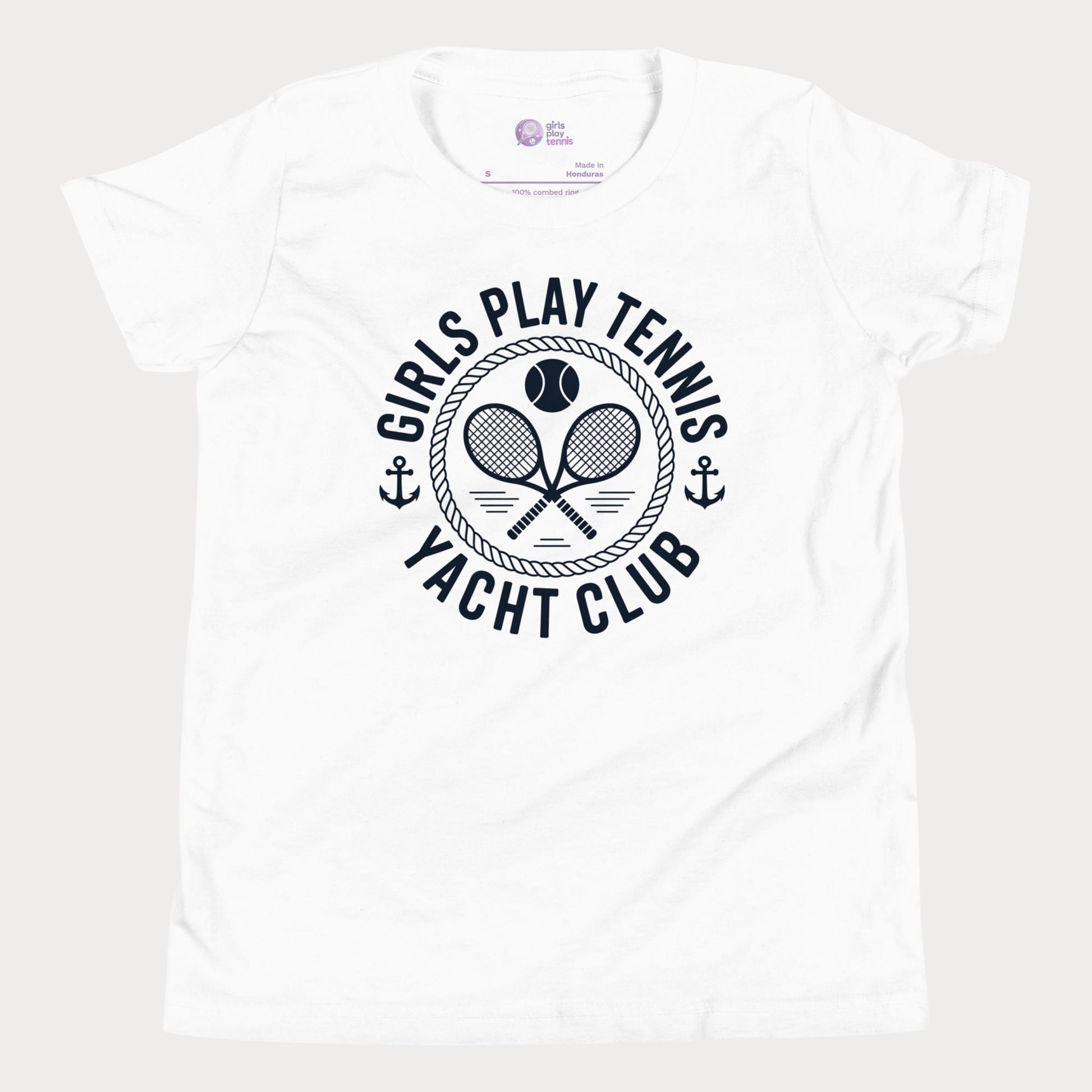 Girls Play Tennis Yacht Club tennis t-shirt in white with nautical rope, crossed rackets, and tennis ball design