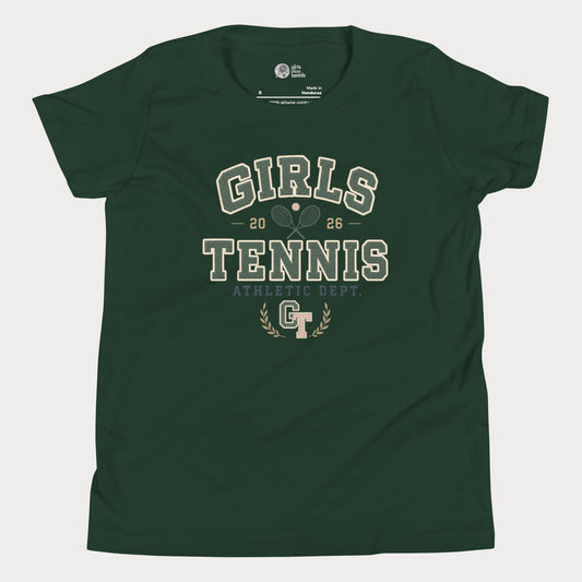 Vintage varsity-style Girls Tennis Athletic Dept graphic tee in forest green for girls and teens