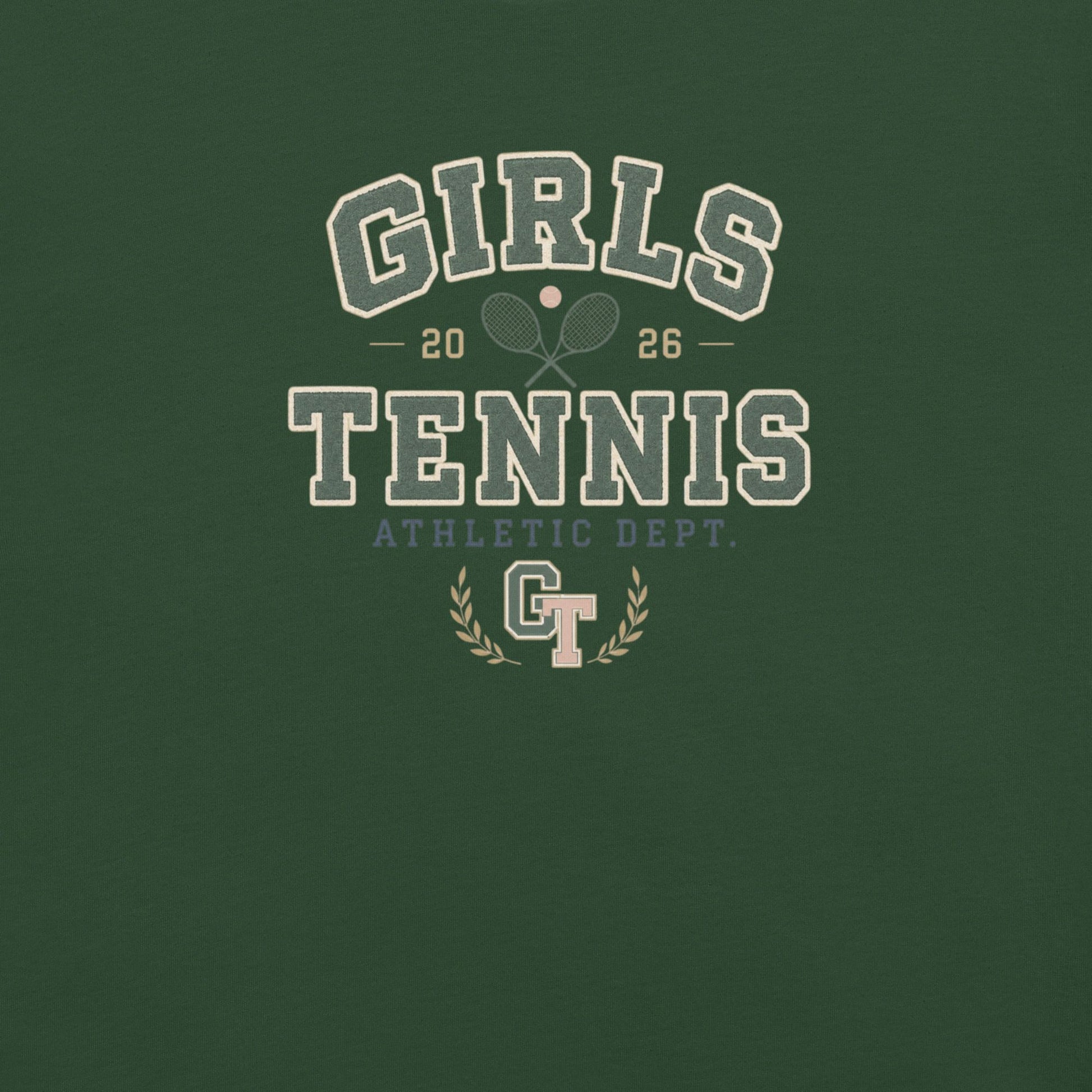 A dark green graphic print featuring the words 'GIRLS TENNIS', 'ATHLETIC DEPT.', and a stylized 'GT' emblem with tennis rackets and laurel branches.