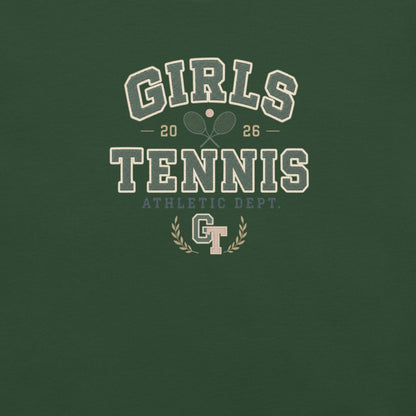 A dark green graphic print featuring the words 'GIRLS TENNIS', 'ATHLETIC DEPT.', and a stylized 'GT' emblem with tennis rackets and laurel branches.