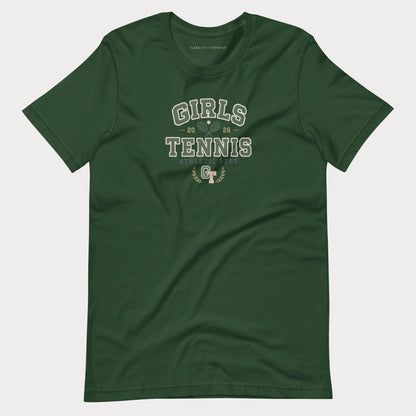 A dark green short-sleeve t-shirt with a distressed white graphic reading 'GIRLS TENNIS' and a small 'GT' logo, displayed flat against a light gray background.