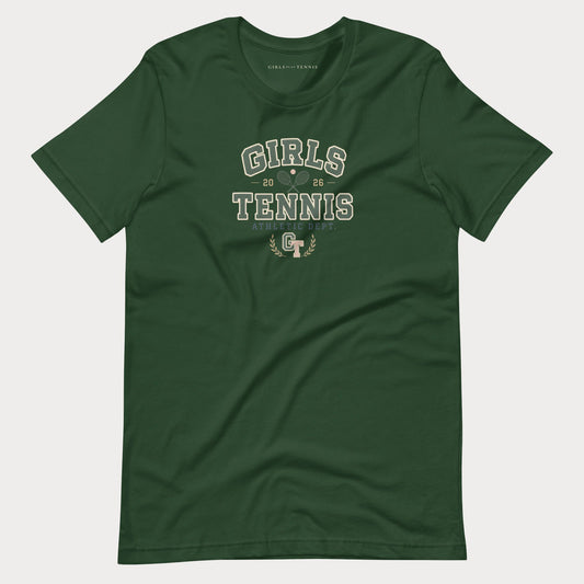 A dark green short-sleeve t-shirt with a distressed white graphic reading 'GIRLS TENNIS' and a small 'GT' logo, displayed flat against a light gray background.