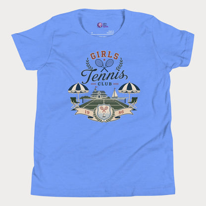 Girls tennis club lifestyle t-shirt in blue featuring vintage coastal tennis artwork