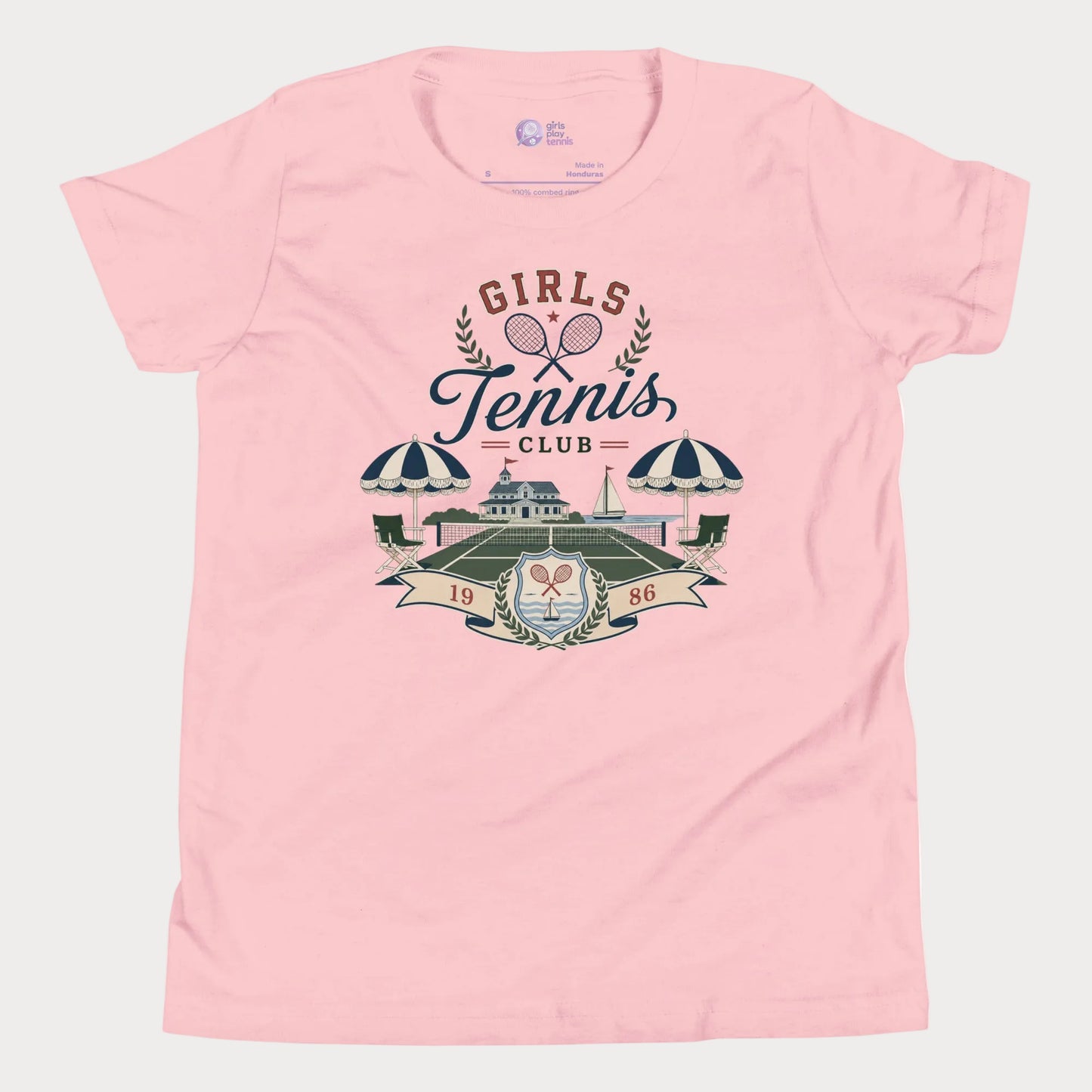 Girls tennis club lifestyle t-shirt in pink featuring vintage coastal tennis artwork