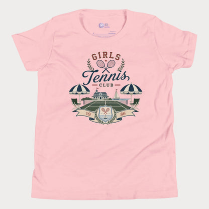 Girls tennis club lifestyle t-shirt in pink featuring vintage coastal tennis artwork