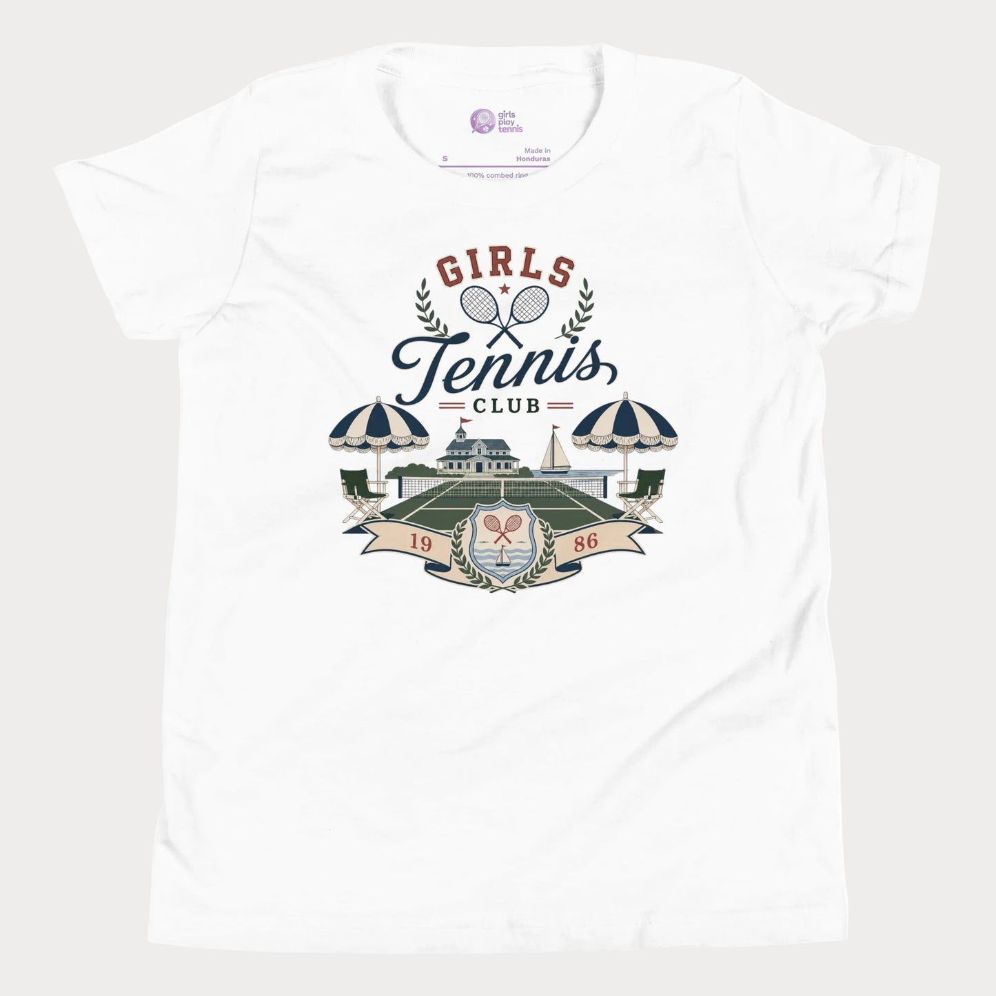 Girls tennis club lifestyle t-shirt in white featuring vintage coastal tennis artwork