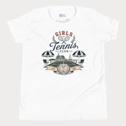 Girls tennis club lifestyle t-shirt in white featuring vintage coastal tennis artwork