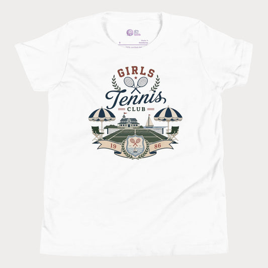 Girls tennis club lifestyle t-shirt in white featuring vintage coastal tennis artwork