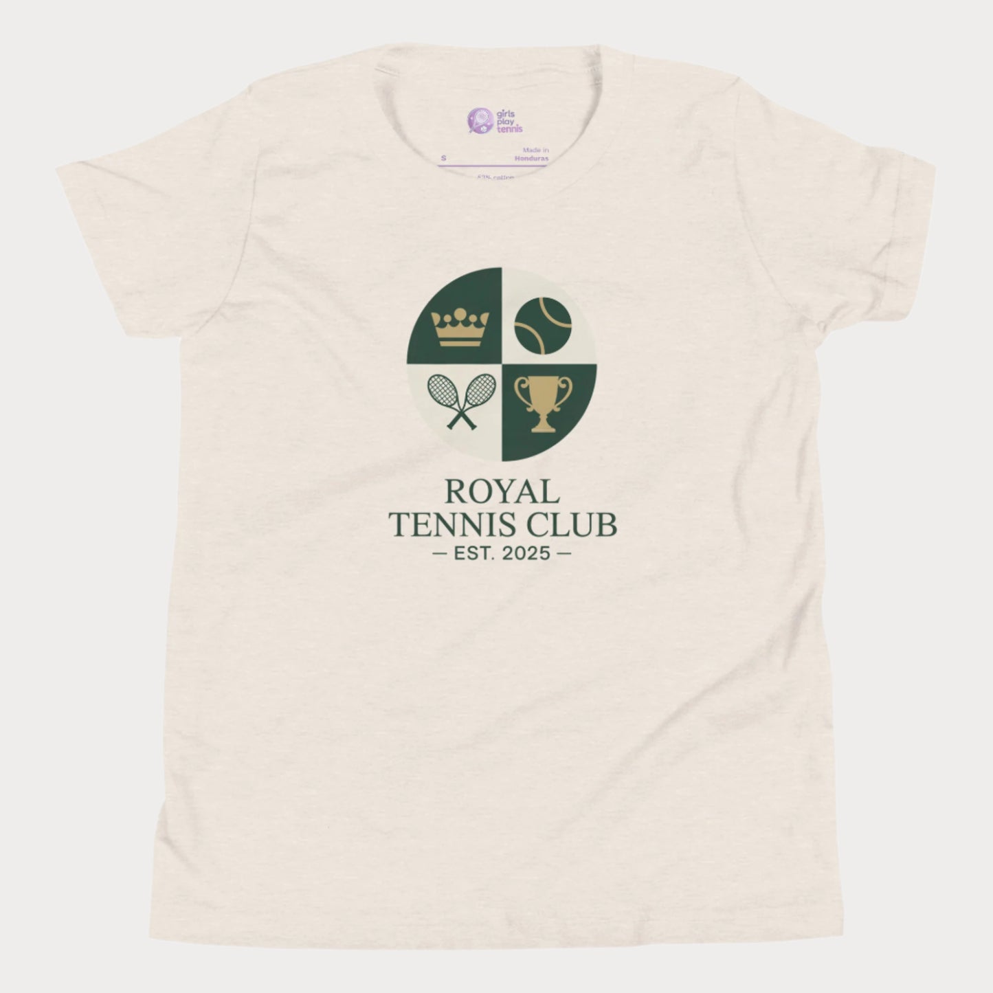 Beige girls' tennis T-shirt with vintage royal tennis crest and “Royal Tennis Club – Est. 2025” design.