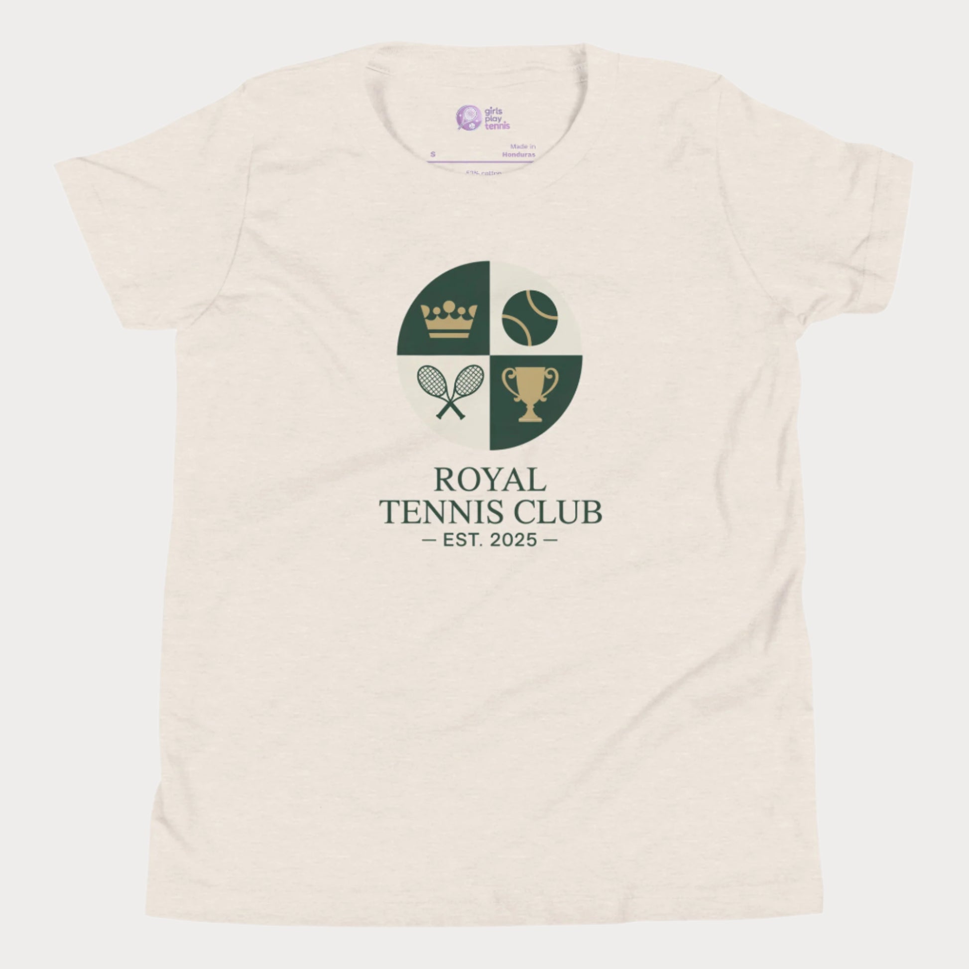Beige girls' tennis T-shirt with vintage royal tennis crest and “Royal Tennis Club – Est. 2025” design.