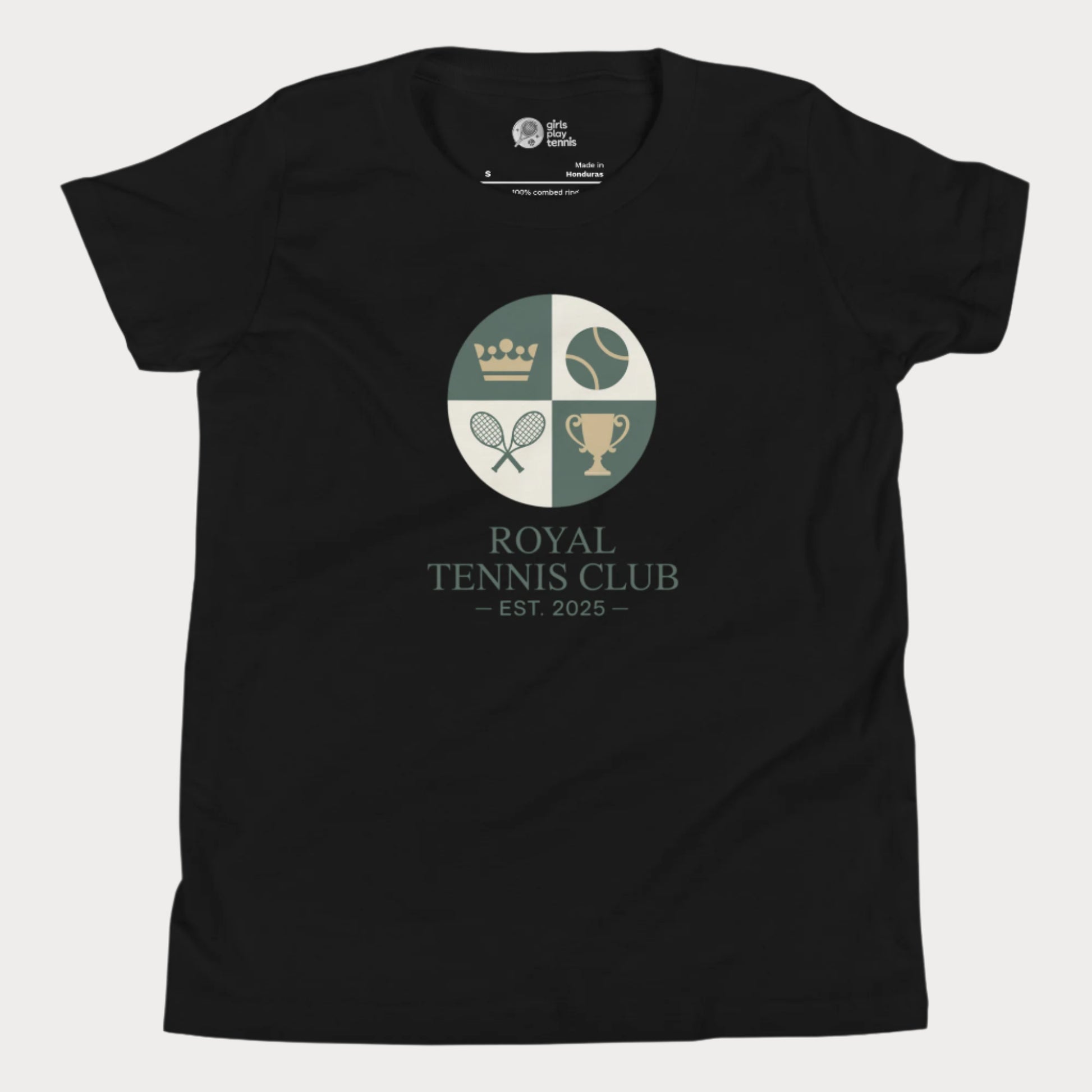 Black girls' tennis T-shirt with vintage royal tennis crest and “Royal Tennis Club – Est. 2025” design.