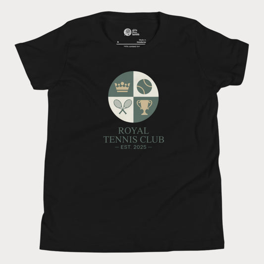 Black girls' tennis T-shirt with vintage royal tennis crest and “Royal Tennis Club – Est. 2025” design.