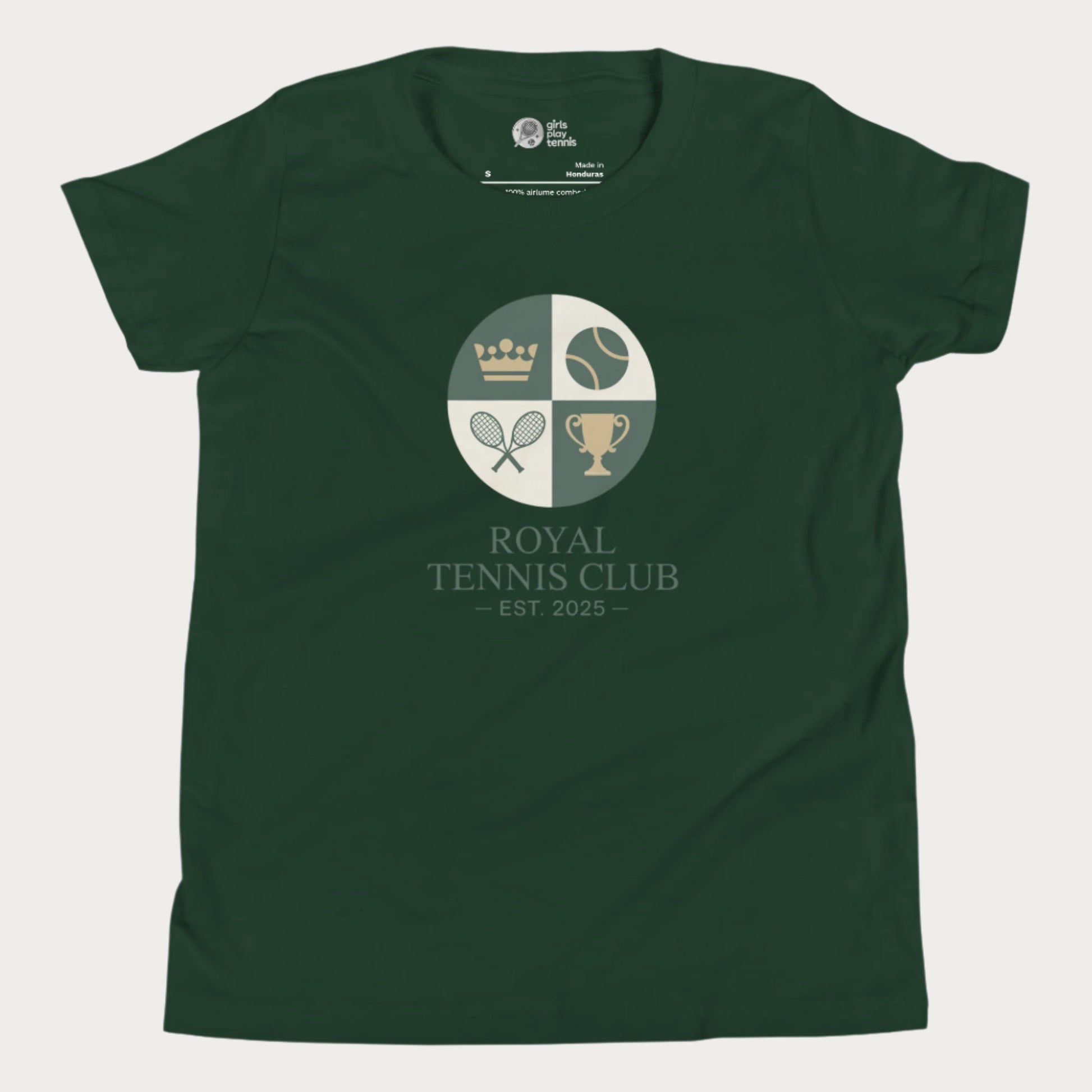 Green girls' tennis T-shirt with vintage royal tennis crest and “Royal Tennis Club – Est. 2025” design.
