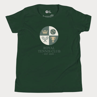 Green girls' tennis T-shirt with vintage royal tennis crest and “Royal Tennis Club – Est. 2025” design.