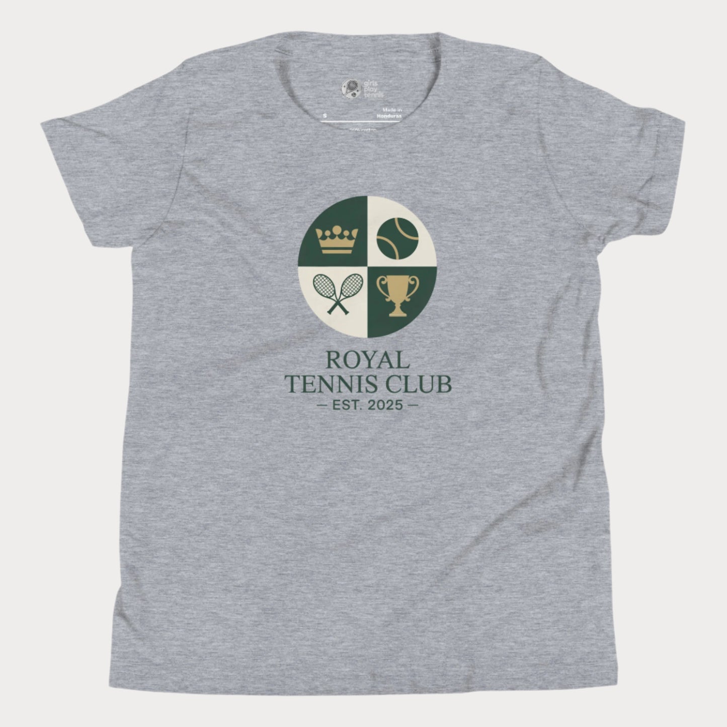 Grey girls' tennis T-shirt with vintage royal tennis crest and “Royal Tennis Club – Est. 2025” design.