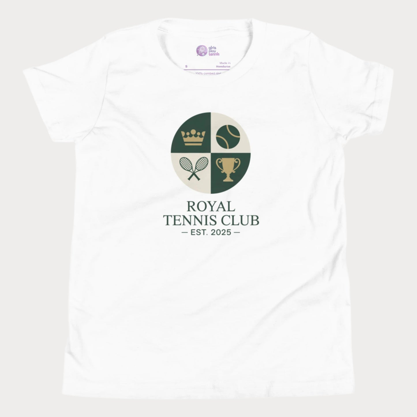 White girls' tennis T-shirt with vintage royal tennis crest and “Royal Tennis Club – Est. 2025” design.